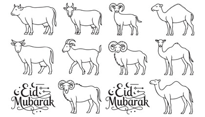 Obraz premium Elegant Eid Mubarak Islamic greeting card with decorative crescent moon and standing goat silhouette traditional Eid al Adha festival vector illustration with lantern and stars