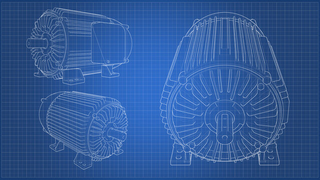 AC Industrial Induction Motor &ndash; Engineering Technical Drawing Illustration. 3D rendering isolated on blue background. 3D Mesh, Sketch, Vector style. 