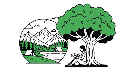 Fototapeta premium A person reading under a large green tree, with a circular illustration of a mountain camping landscape featuring tents by a lake and forest.