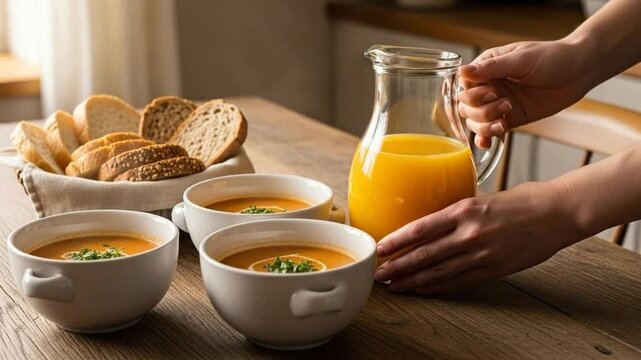 Cozy autumn scene featuring pumpkin soup bread and orange juice on a wooden table a comforting and