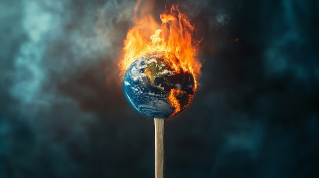 photo-realistic concept of matchstick held vertically with flaming Earth on top, melted ice caps and wildfire zones visible on planet&acirc;&euro;&trade;s surface