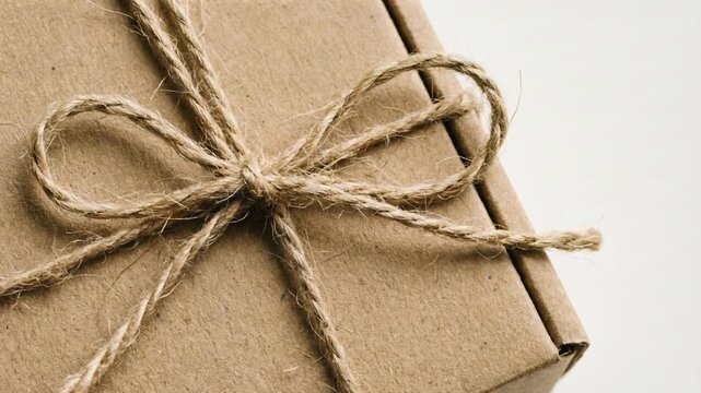 Close up of a brown cardboard box with a rustic twine bow, ideal for gift packaging or moving container purposes