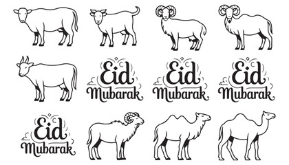 Fototapeta premium Elegant Eid Mubarak Islamic greeting card with decorative crescent moon and standing goat silhouette traditional Eid al Adha festival vector illustration with lantern and stars