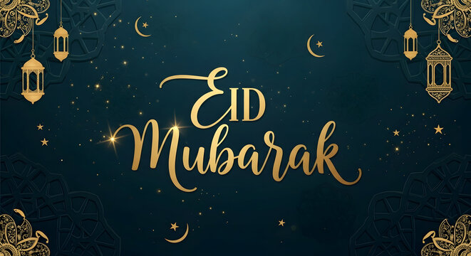 Beautiful eid mubarak greeting card with lanterns and stars on a dark blue background.