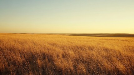 wide open brown grassland under pale autumn sky, dried grass swaying in gentle breeze across flat terrain
