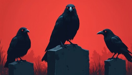 Fototapeta premium Three black birds with red eyes perch on gravestones. A dark forest is visible behind them under a bright red sky. The scene suggests mystery or death.