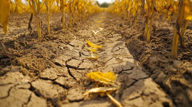 close-up view of dry crusty soil breaking apart beneath yellowing crops, dead leaves curling from extreme heat