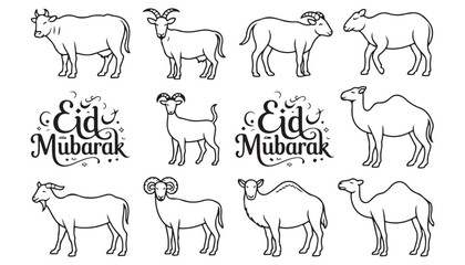 Elegant Eid Mubarak Islamic greeting card with decorative crescent moon and standing goat silhouette traditional Eid al Adha festival vector illustration with lantern and stars © Moriom Aktar Anisa