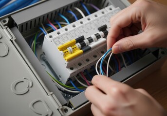 Professional Electrician Connecting Wires in a Modern Circuit Breaker Box, Ensuring Safe and Reliable Home Electrical Installation and Maintenance.