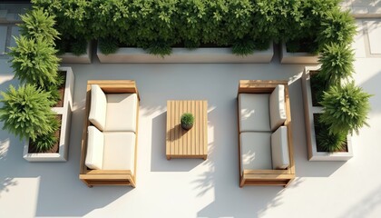 Fototapeta premium Modern outdoor furniture with light wooden frames and white cushions arranged on white patio. Rich green plants in white planters create a serene and organised garden oasis.