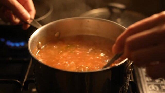 Close-up shot of a hearty tomato soup simmering in a pot on a stove, being stirred with a spoon