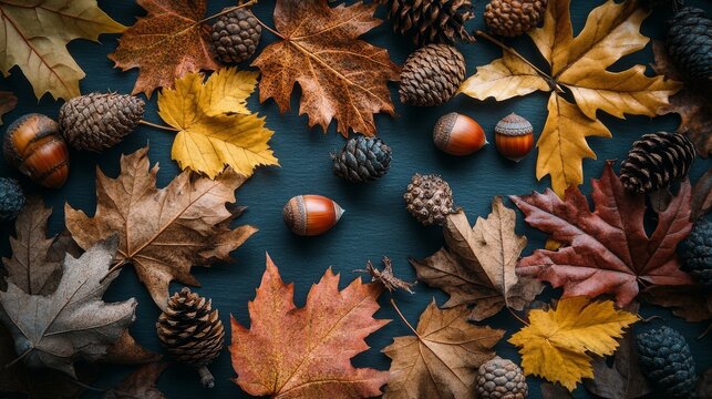top view of fall foliage composition including maple leaves, dry oak branches, acorns and pine cones spread in aesthetic layout