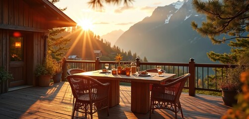 Fototapeta premium Wooden terrace with set table offers scenic mountain sunrise view. Cozy breakfast with warm sun rays on deck chairs at cabin. Enjoy nature vista from mountain lodge balcony.