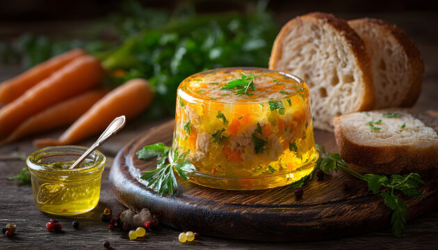 Homemade aspic, jellied chicken meat with herbs and carrots. Served with bread and mustard and horseradish