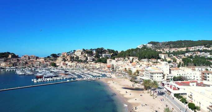 Mallorca Spain aerial footage Soller beach port marina panorama nice weather
