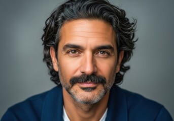 Obraz premium Mature Man Looking Confidently Against a Grey Background, Portraying Authentic Professionalism and Wisdom for Business Success