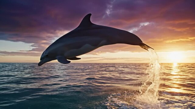 Dolphin Leaping from Ocean Waves at Sunset