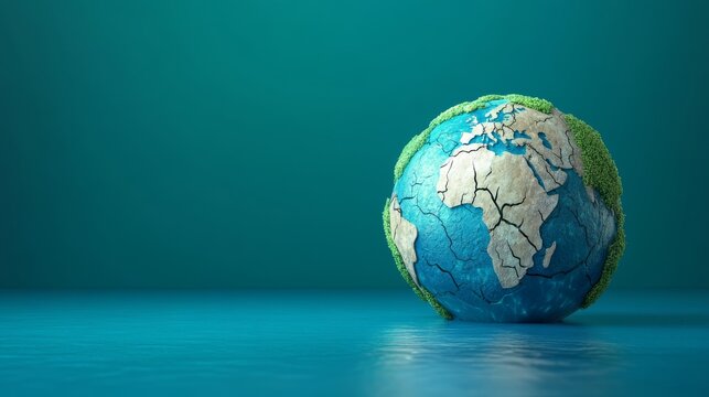 stylized 3d globe wrapped in circular arrows symbolizing water cycle, half of the Earth dry and cracked, the other half lush and blue