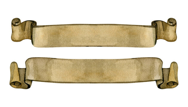 Hand-painted watercolor illustration of two vintage parchment banners with curled edges. These antique paper scrolls feature aged textures, perfect for medieval maps, historical titles, and wedding