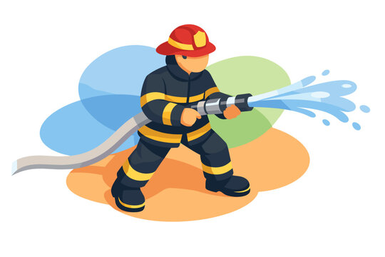 Firefighter in uniform spraying water from hose.