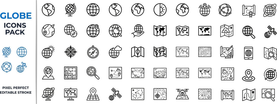 World Map and Globe Outline Vector Icon Set &mdash; Navigation, Cartography and Geolocation Editable Stroke Icons for Web and App UI