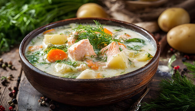 Fish soup in a bowl.Creamy fish soup with salmon, potatoes, onions , carrots, dill and celery. Kalakeitto- traditional dish of the Finnish cuisine or Ukha Fish Head Soup. Healthy Food Concept.
