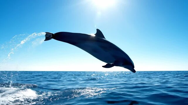 Dolphin leaping from ocean waves under bright sun