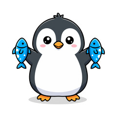 Fototapeta premium Cute Penguin Holding Fish in Hand Drawn Style Illustration