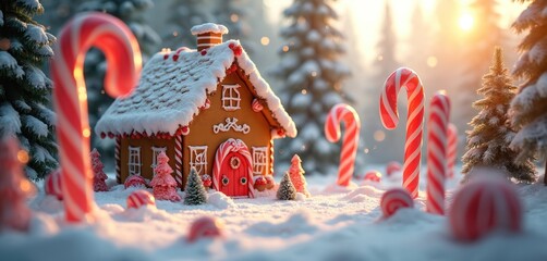 Obraz premium Gingerbread house sits in snowy winter landscape. Candy canes dot scene, evoking Christmas spirit and festive holiday cheer. Sweet decorations abound near frosted evergreen trees. Winter wonderland.