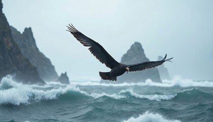 Naklejka premium Dark bird soars over wild ocean waves near rocky islands. Stormy weather creates powerful seas and dramatic seascape. Bird flies freely in harsh natural environment.