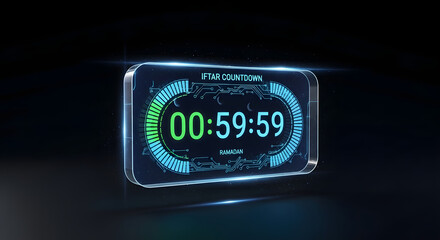 Digital countdown timer displaying 59 seconds on a futuristic interface.