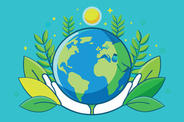 Naklejka premium Hands Holding Earth Surrounded by Green Leaves and Sunlight for Environmental Protection and Sustainability