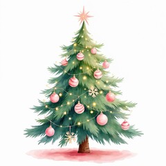 Fototapeta premium Green pine tree decorated with pink baubles and string lights. Star on top, snowflake ornaments hang from branches. Soft pastel colors create festive holiday mood.
