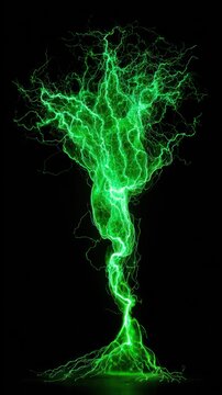 Glowing green energy formation against a stark black background, resembling a stylized tree