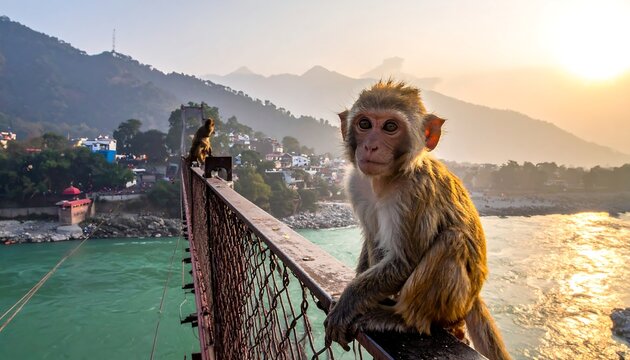 Rhesus macaque monkey perched on Lakshman Jhula bridge in Rishikesh.