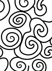 Abstract swirl line art pattern with decorative black spirals and curves on white backdrop