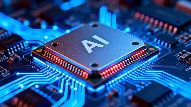 AI chip on circuit board with red and blue lights