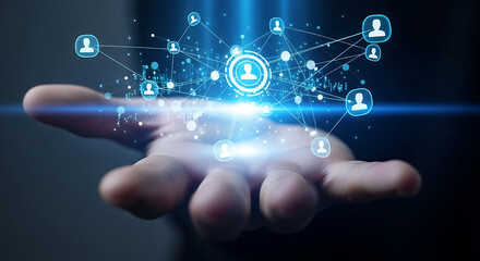 Abstract digital network connecting human icons over an open palm, representing social connections and technology