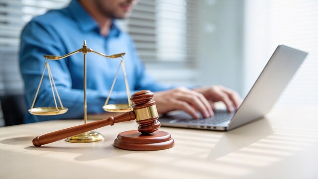Gavel and scales of justice beside businessman typing on laptop,online legal service and digital law consultation concept in modern office