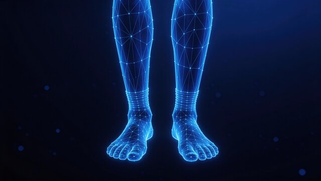 Futuristic 3D wireframe human legs and feet visualization,medical anatomy and biometric scanning concept with glowing blue polygon mesh on dark background