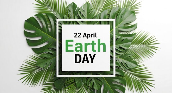 Card with green tropical leaves. Earth Day celebration