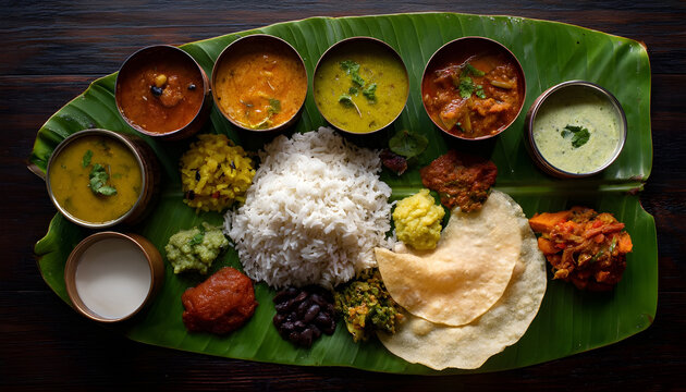 Authentic South Indian vegetarian meal served on a banana leaf with steamed rice, various curries, chutney, papadum, and side dishes.