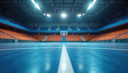 Naklejka premium Blue futsal court empty arena with orange seats under bright lights. Indoor sport stadium perspective with court lines visible. Ready for game.
