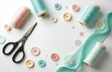 Pastel threads spools buttons scissors and teal ribbon lay flat on white surface. Sewing supplies for craft projects and textile art. Hobbyist creativity backdrop.