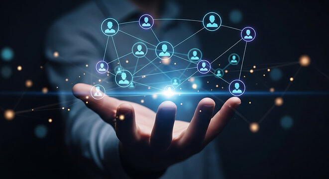 Hand holding a glowing digital network with connected people icons, symbolizing global business connections, social networking, and advanced technological communication for collaboration and outreach