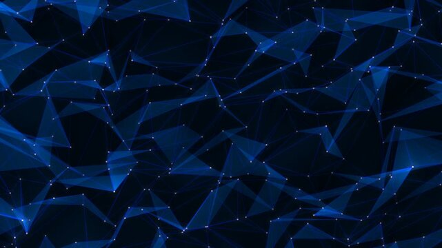 Abstract plexus of moving glowing dots and lines. Network or digital connection. Technology background. 3d rendering. Seamless loop, Blue geometric 