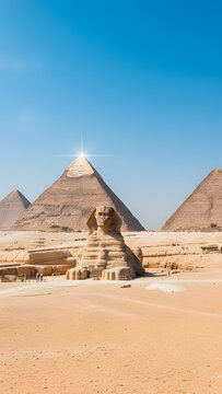 A wide view of the pyramids at Giza showing them with their original smooth white limestone casing stones and gold pyramidions at the top