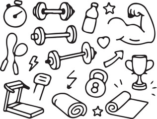 Obraz premium hand drawn gym fitness training outline icons set vector illustration design collection art 
