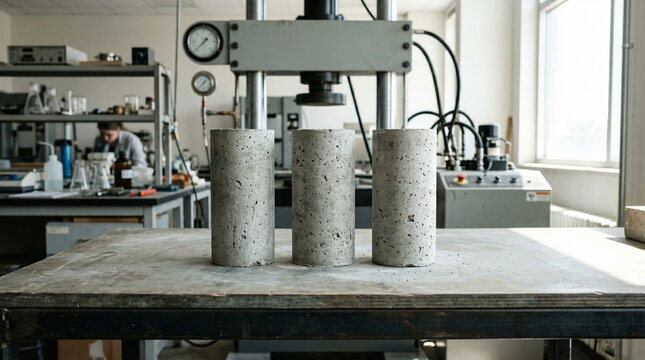 Three Concrete Cylinders in a Laboratory Setting Undergoing Compression Test Process