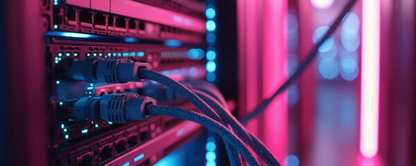Fototapeta premium Server room with glowing lights and connected network cables. Computer hardware rack with blue and pink neon illumination. Modern data center infrastructure.